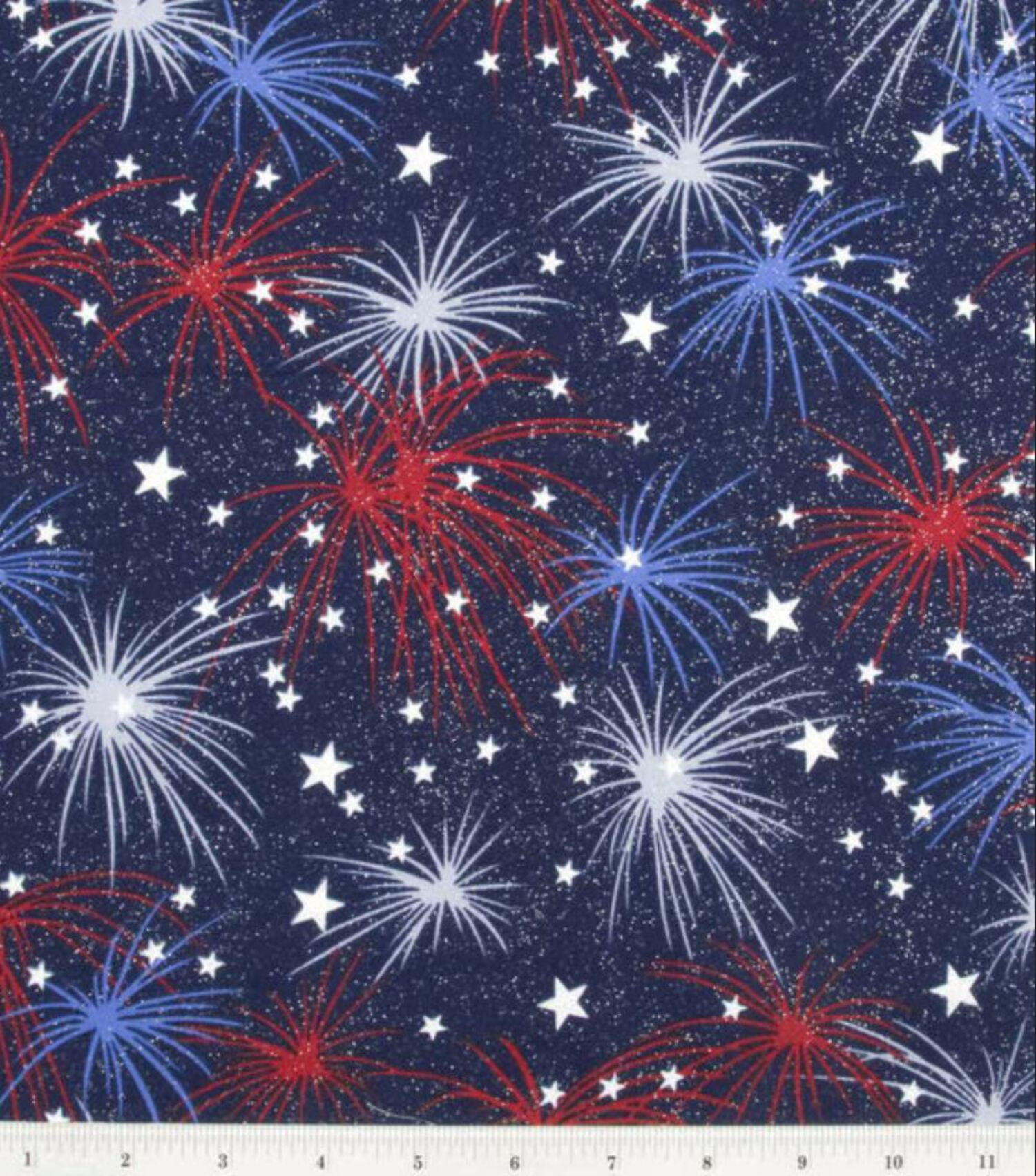 44 x 36 Fireworks Stars Glitter Patriotic on Blue 100% Cotton Fabric All Over Print