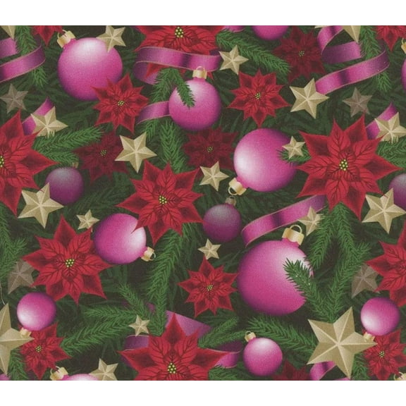 Mook Fabrics Christmas Pink Ornaments and Ribbons Poinsettias 100% Cotton Fabric By the yard