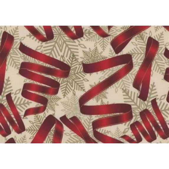 Mook Fabrics Christmas Red Ribbons Silver Snowflakes 100% Cotton Fabric By the yard