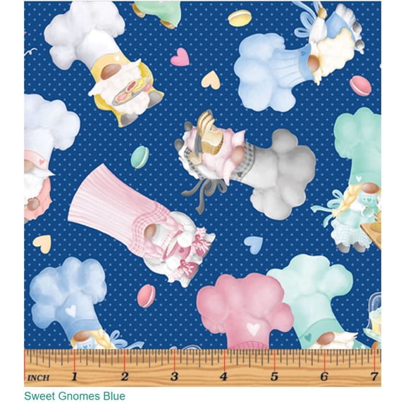 Benartex Novelty Gnomebody Bakes it Better Sweet Gnomes Blue 100% Cotton