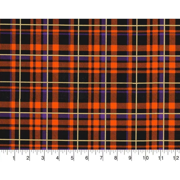 44 x 36 Thanksgiving Fall Orange Plaid Gold Glitter Fabric Traditions 100% Cotton