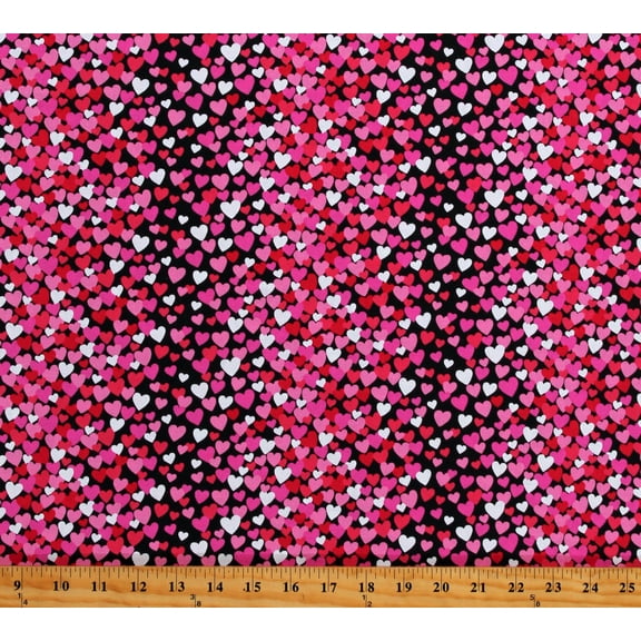 Cotton Valentine's Day Tossed Hearts Pink Red White Hearts on Black Love Cotton Fabric Print by the Yard (10652975)
