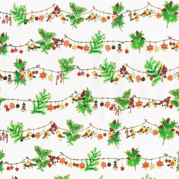 44 x 36 Yuletide Bouquet Strings of Birds on White Robert Kaufman 100% Cotton Christmas