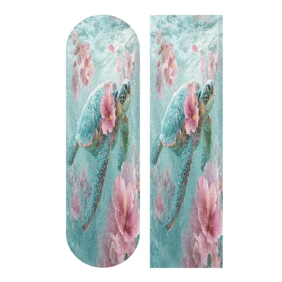 44"x10" PVC Anti-Slip Pad Skateboard Anti-Slip Pad with High-Density Sand Grain Surface Sea Turtle with Hibiscus Flowers