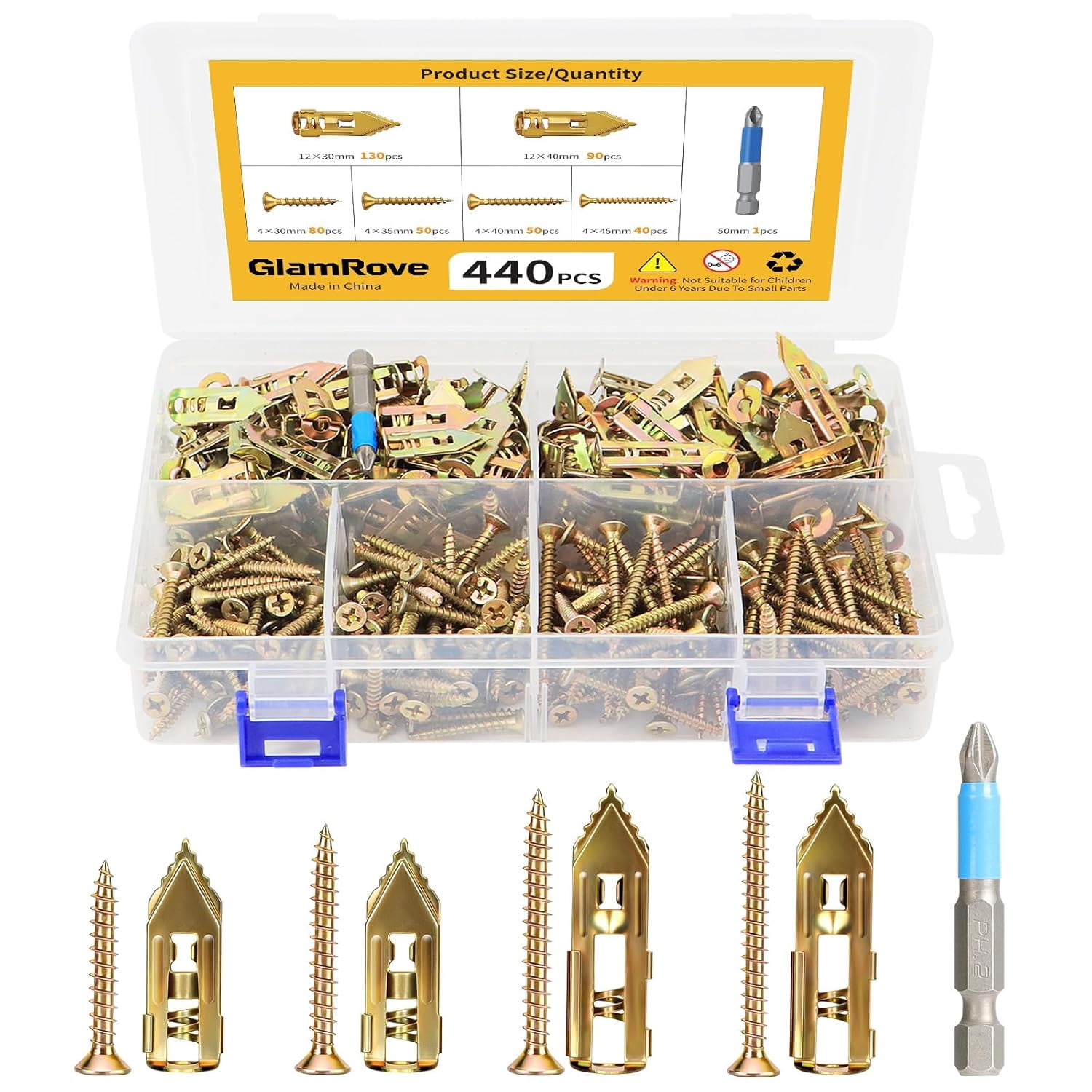440 PCS Self Drilling Drywall Anchors with Screws Kit - 220 Metal Sheetrock Wall Anchors & 220 Zinc Expansion Drywall Screws,2025 Upgraded Zinc Plated Steel,No Drilling Required, Easy to Install