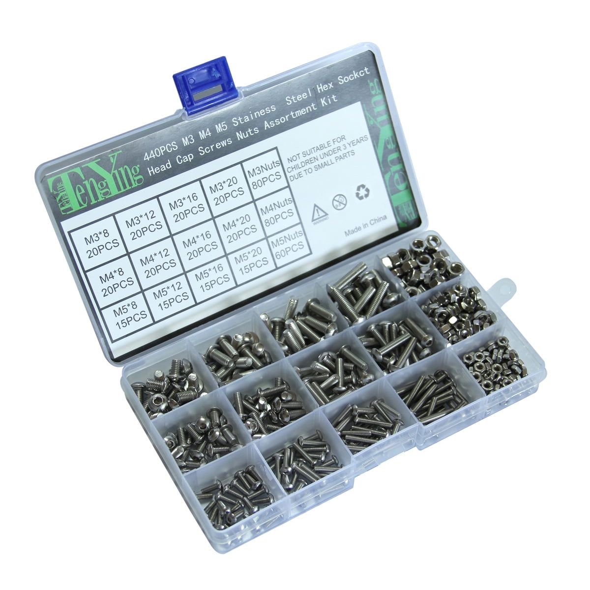 Worgeous 440pcs 304 Stainless Steel Truss Head Screw Metric M5 Socket Head Screws Nuts Assortment Kit Screw Fasteners with Box
