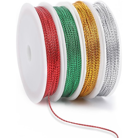 440 Yards Christmas Metallic Cord Ornament String, Christmas Ribbon Cording Gold String Hanger for Crafts Ornaments Hanging Decoration Jewelry Making Gift Wrap (Gold, Silver, Red, Green)