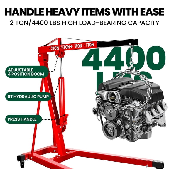 4400 LBS Engine Hoist, 2 Ton Hydraulic Cherry Picker with Leveler, Heavy Duty Workshop Crane for Garage, Alloy Steel Engine Lift
