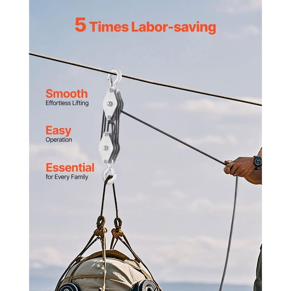 4400 lbs Breaking Strength 100 FT Heavy Duty Pulley Hoist System 5 1 Lifting Power with 2 Soft Loops Metal Wheels Bearing Block and Tackle for Lifting