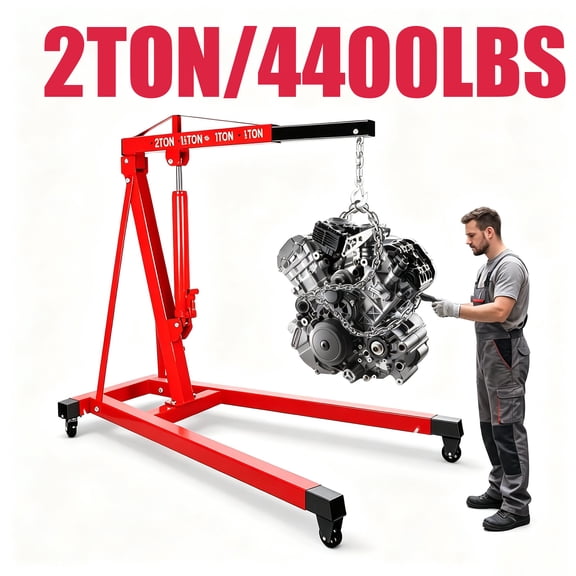 4400lbs Engine Hoist Cherry Picker, Heavy Duty Engine Lift Hoist, 2ton High‑Power Hydraulic Shop Crane with Adjustable 4‑Position Boom & 4 Swivel Casters for Mechanical Repair Garage Workshop (Red)