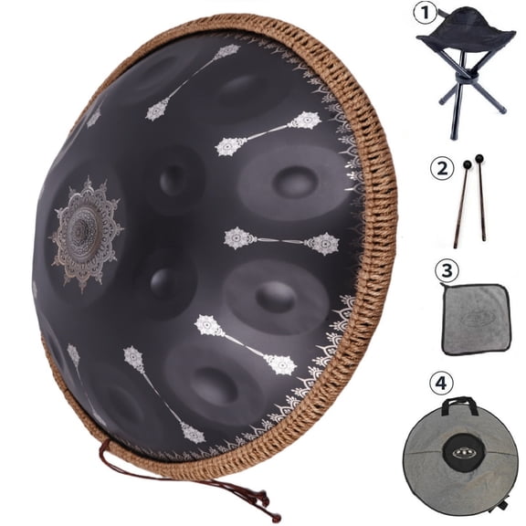 440HZ Tambourine Steel Drum in D Minor 22Inch Black 10 Notes Mandala Handpan Percussion Drum with Soft Hand Pan Bag