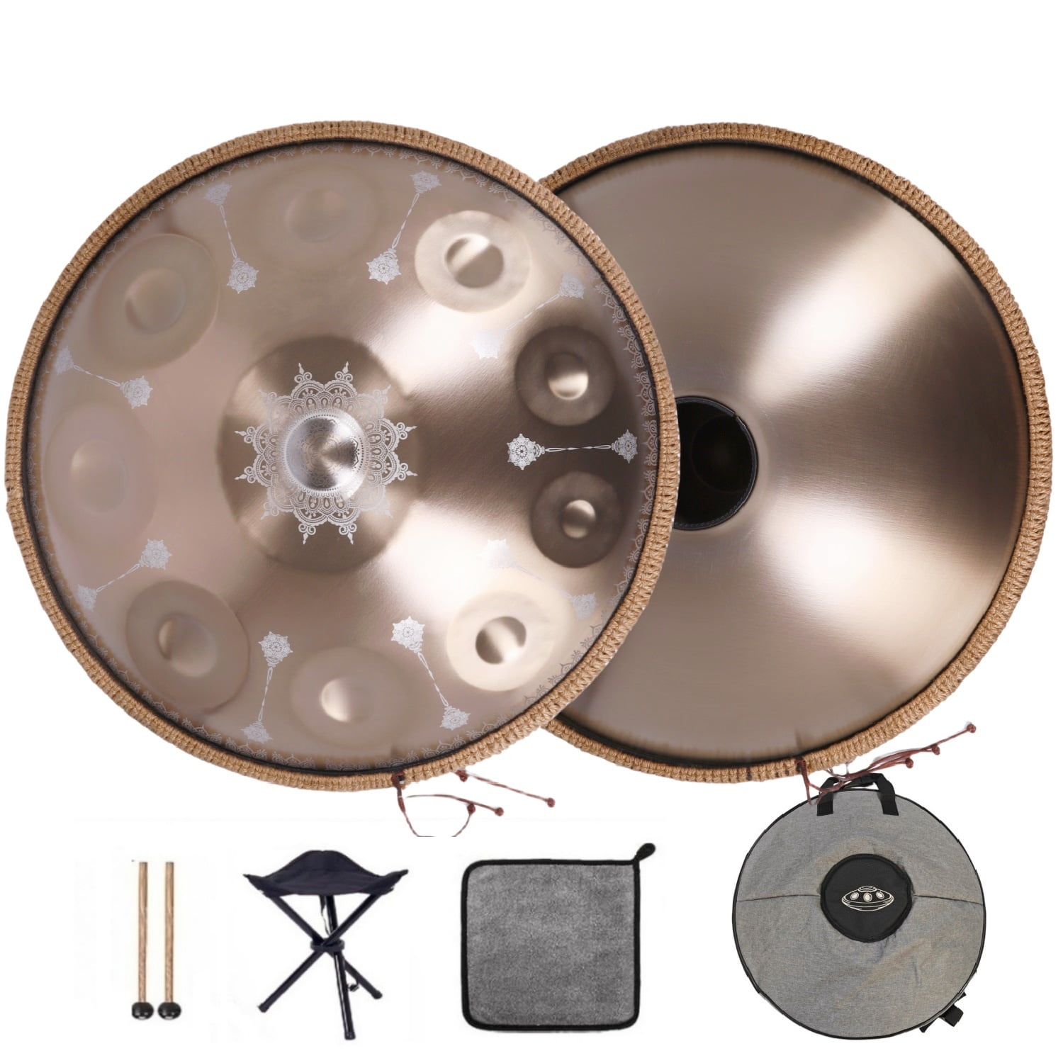 440HZ Tambourine Steel Drum in D Minor 22Inch Golden 10 Notes Mandala Handpan Percussion Drum with Soft HandPan Bag