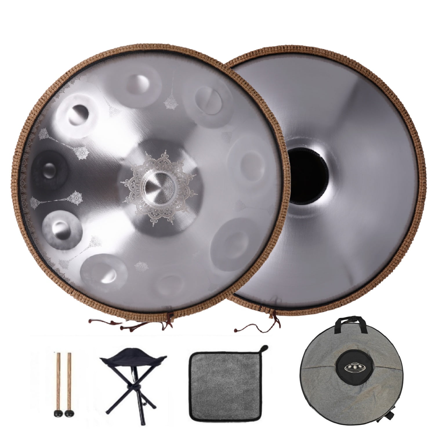 440HZ Tambourine Steel Drum in D Minor 22Inch Silver 10 Notes Mandala Handpan Percussion Drum with Soft HandPan Bag