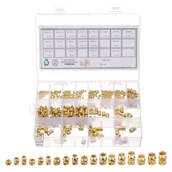 440Pack M2 M2.5 M3 M4 M5 M6 Metric Threaded Inserts Brass Heat Set Insert Knurled Nuts Assortment Kit, 3D Printing Brass Nuts Female Threaded Inserts Nuts