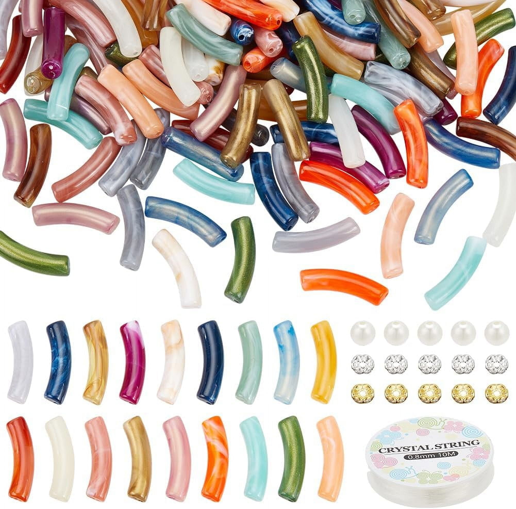 440Pcs Curved Tube Beads Kit Including 180Pcs Acrylic Tube Beads 60Pcs Brass Rhinestone Spacer Beads 200Pcs Acrylic Pearl Beads Elastic Thread for Jewelry Making colorful