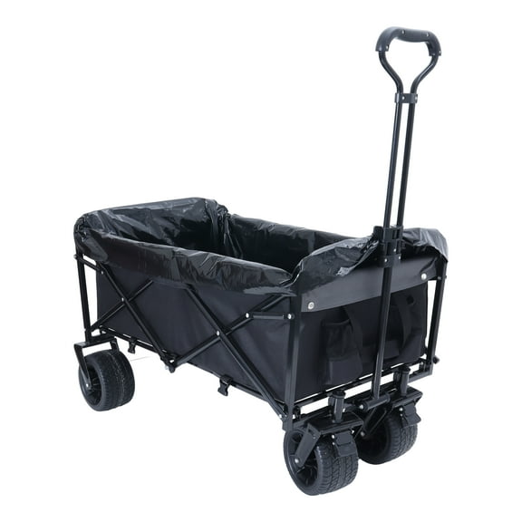 440lbs Collapsible Foldable Wagon Cart with Strapping System, Beach Wagon Utility Cart Utility Wagon Grocery Cart for Camping Shopping Sports Gardening Fishing Supports 3pcs Plastic Liner Bag Black