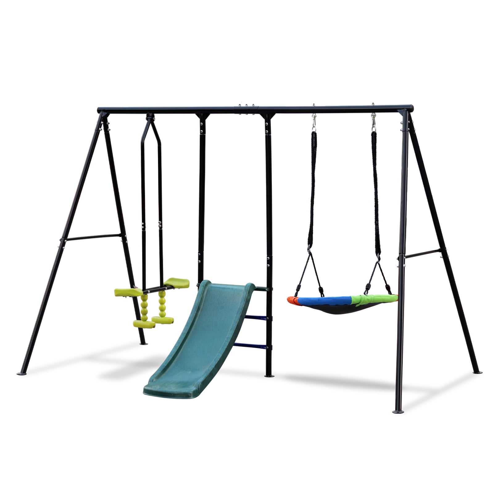 440lbs Swing Sets for Backyard, 3 in 1 Toddler Swing Set Outdoor for Kids 3-8, 1 Saucer Swing, 1 Glider and 1 Slider Swing with Heavy Duty Outdoor A-Frame Metal Swing Stand for Playground, Playset