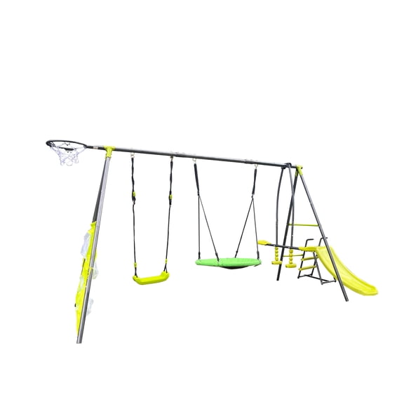 440lbs Swing Sets for Backyard with 31.5in Net Swing Climbing Ladder Swing Glider HangingBasketball Hoop and Soccer Net for Kids Aged 3+ Outdoor Birthday