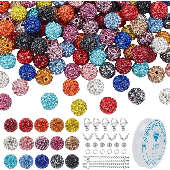 440pcs 15 Colors Rhinestone Beads Kit 10mm Shiny Beads Clay Disco Ball Beads with Stainless Steel Spacer Beads Clasp String Jewelry Findings for Necklace Bracelet Jewelry Making