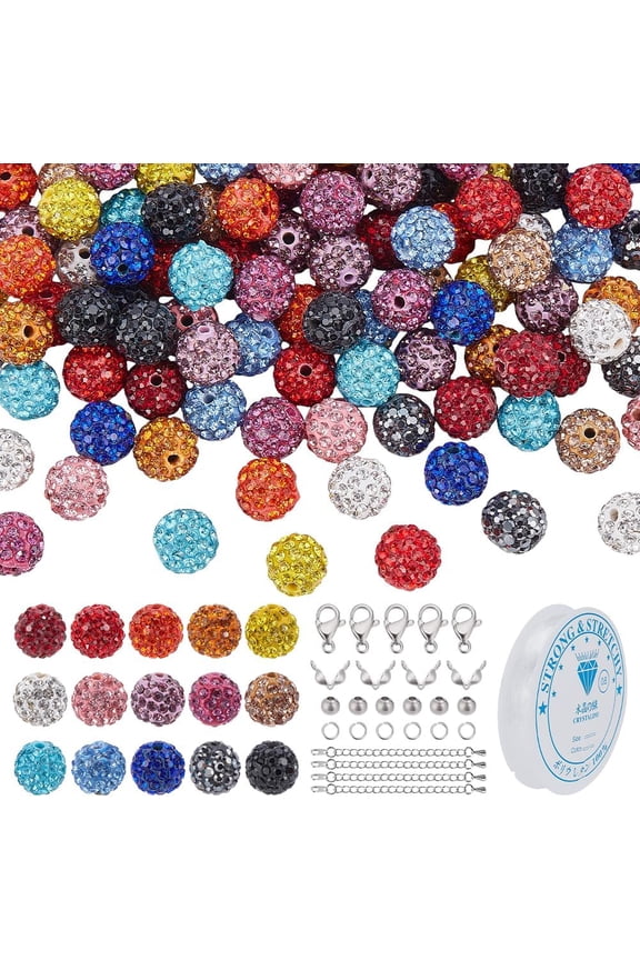 440pcs 15 Colors Rhinestone Beads Kit 10mm Shiny Beads Clay Disco Ball Beads with Stainless Steel Spacer Beads Clasp String Jewelry Findings for Necklace Bracelet Jewelry Making