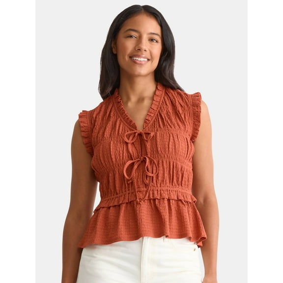 Time and Tru Women's Textured Tie Front Top, Sizes XS-XXXL