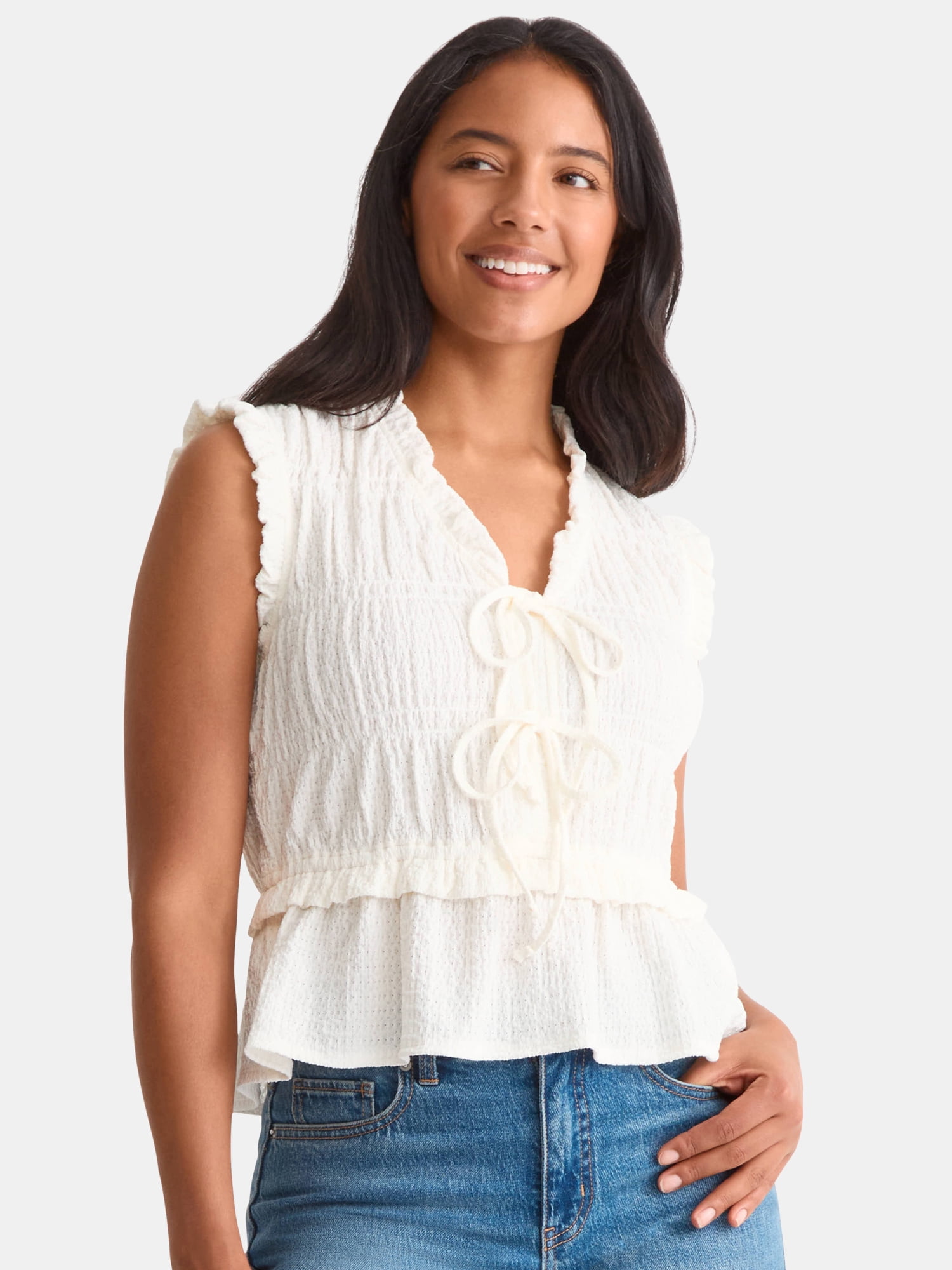 Time and Tru Women's Textured Tie Front Top, Sizes XS-XXXL