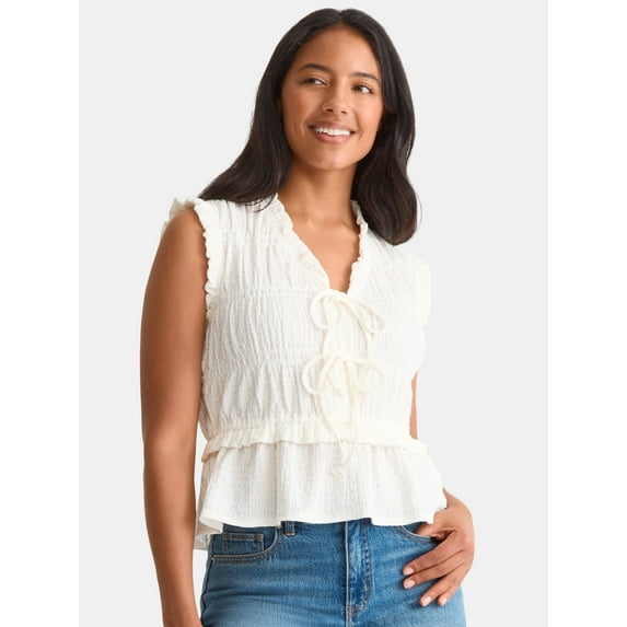 Time and Tru Women's Textured Tie Front Top, Sizes XS-XXXL