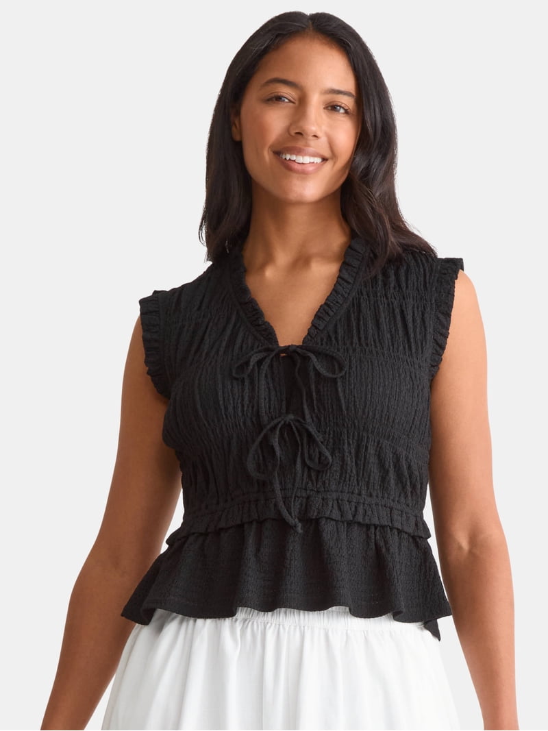 Time and Tru Women's Textured Tie Front Top, Sizes XS-XXXL