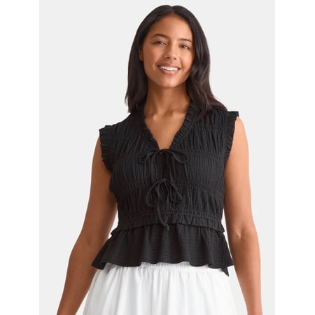 Time and Tru Women's Textured Tie Front Top, Sizes XS-XXXL
