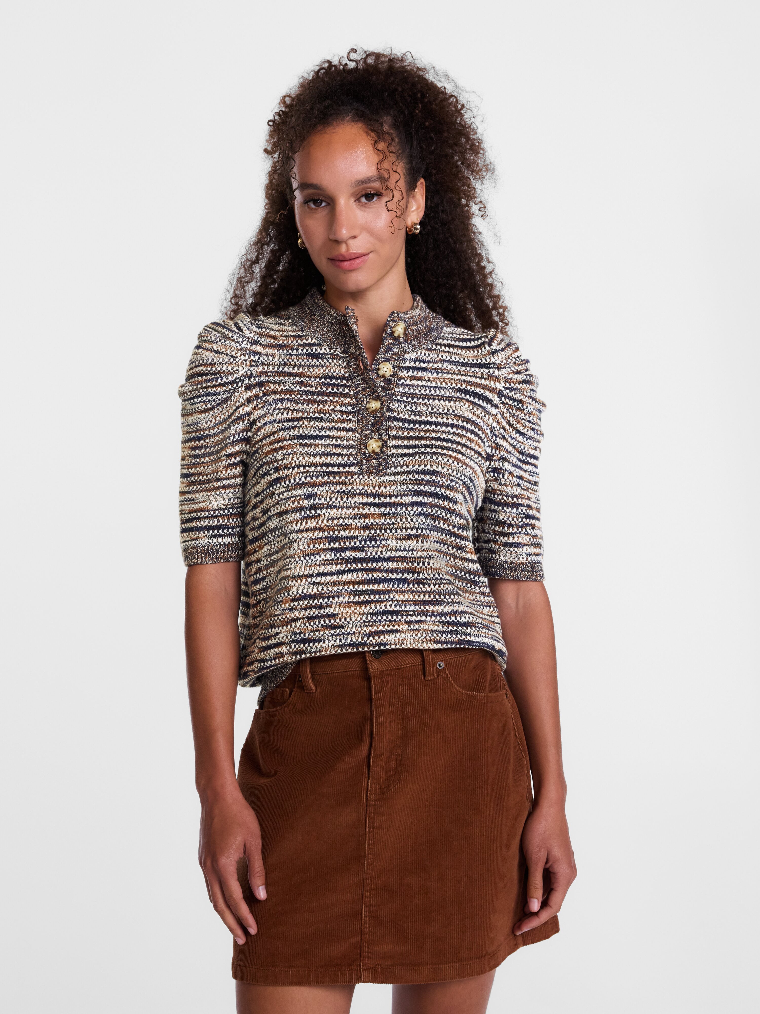 Scenario Women's and Women's Plus Henley Sweater with Puff Sleeves, Lightweight, Sizes XS-4X
