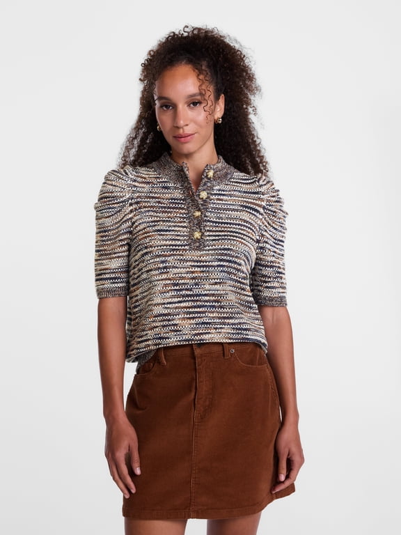 Women's and Women's Plus Henley Sweater with Puff Sleeves, Lightweight, Sizes XS-4X