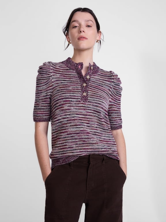 Women's and Women's Plus Henley Sweater with Puff Sleeves, Lightweight, Sizes XS-4X