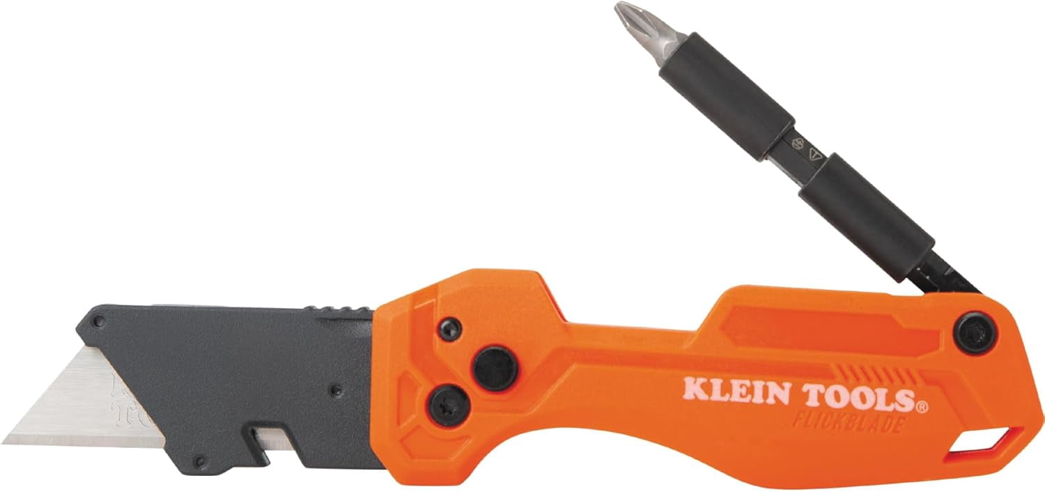 44304 Folding FLICKBLADE Utility Knife, Compact, Removable Impact Driver, 1/4-Ih Nut Driver and #2 Phillips Bit
