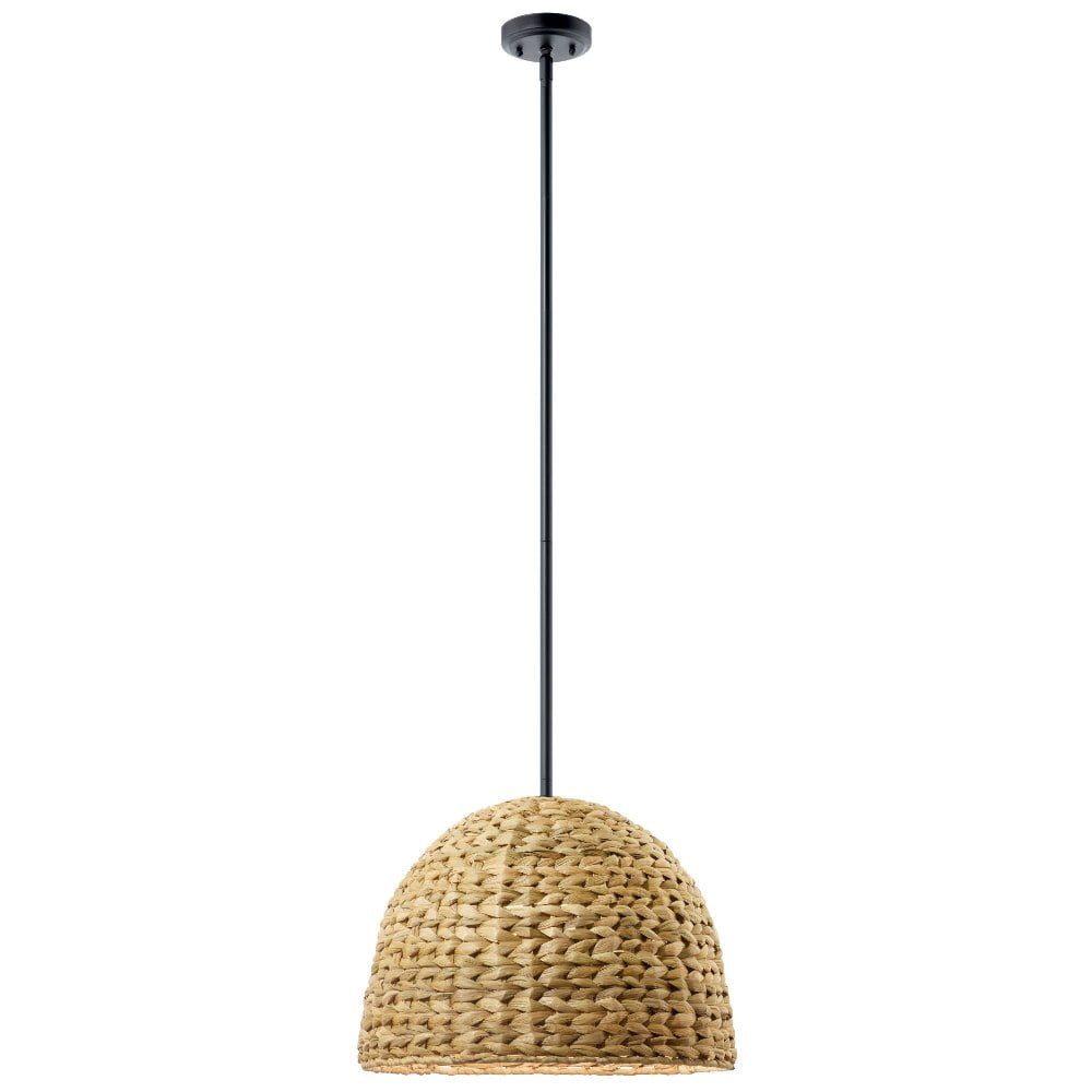 Raffiana Black and Natural Rattan Dome Pendant Light