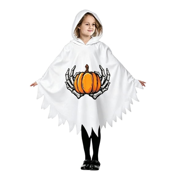 REDARER Kids Ghost‑Style Hooded Cape Poncho Skeleton Pumpkin Graphic Cosplay Outfit for Halloween Fancy Dress Gathering Trick or Treat Themed Stage Show,10-12 Years