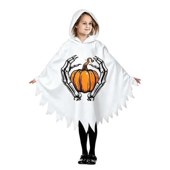 REDARER Kids Hooded Poncho Cloak Skeleton Hands Pumpkin Printed for Halloween Cosplay Party Trick or Treat Stage Performance,4-6 Years