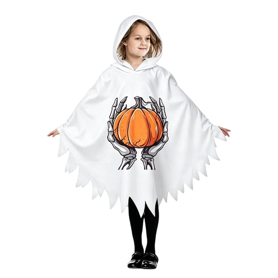 REDARER Kids Masquerade Hooded Poncho Cloak Skeleton Grasping Pumpkin Graphic Cosplay Outfit for Halloween Themed Event Masquerade Gathering Role Play Stage Show,4-6 Years