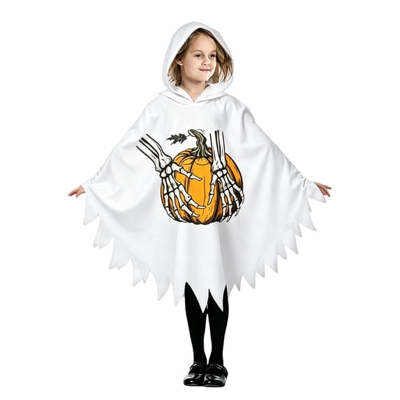 REDARER Kids Phantom‑Edge Hooded Poncho Cloak Skeleton Hands Maple‑Leaf Pumpkin Print Cosplay Ensemble for Halloween Home DIY Cosplay Session Festive Stage Recital,4-6 Years