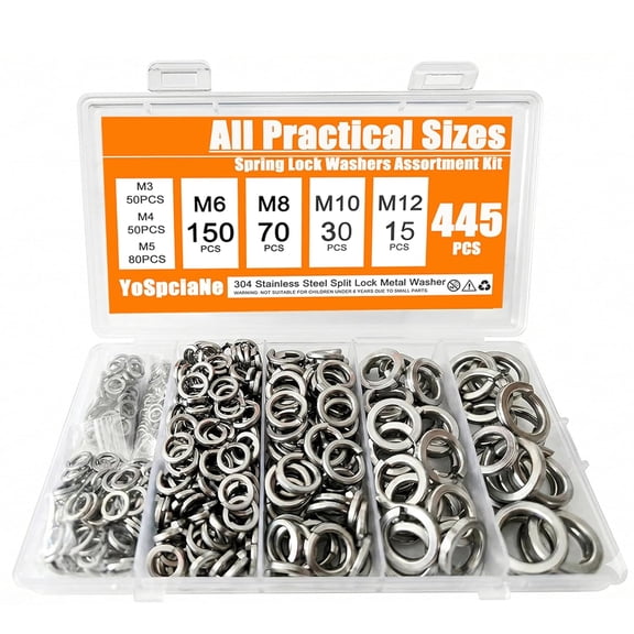 445pcs Lock Washers Assortment Kit, Metric 304 Stainless Steel Spring Washer Set (M3-M12) - Split Locking Washers with More Practical M6 & M8 Sizes, Durable Metal Washers for Screws & Bolts