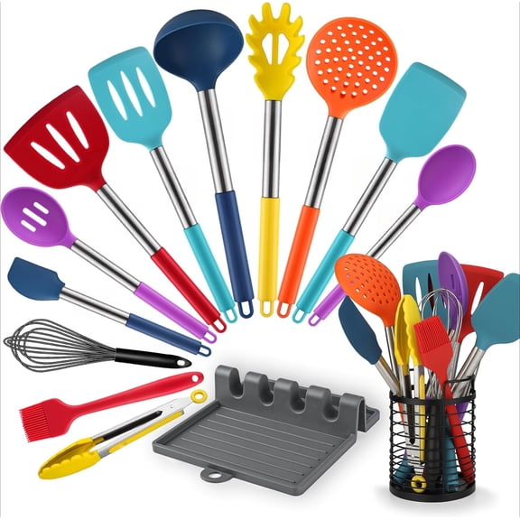 446°F Heat Resistant Silicone Kitchen Utensils, BPA Free Cooking Utensil Set, Spatula Set, Kitchen Gadgets, with Stainless Steel Utensils Holder, Dishwasher Safe, 14pcs Classic Blue