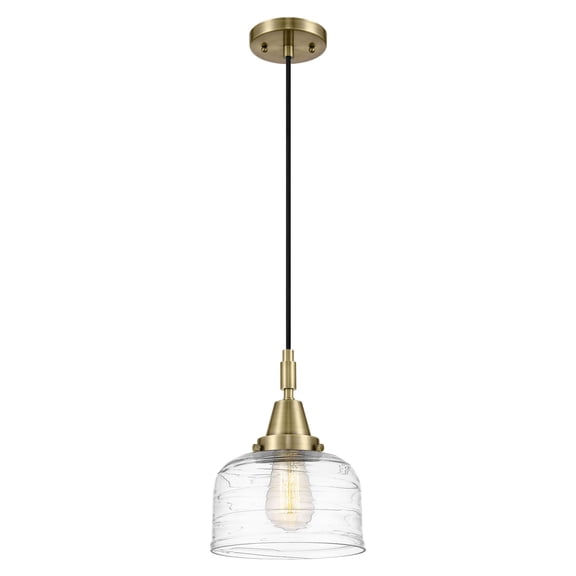447-1P-AB-G713 Innovations Lighting Bell - 1 Light Cord Hung Mini Pendant-11.13 Inch Tall and 8 Inch Wide-Antique Brass Finish-Clear Deco Swirl Glass