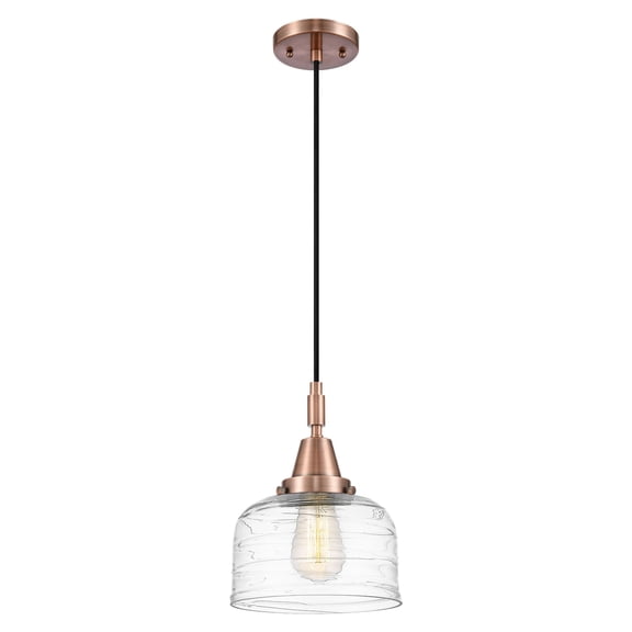 447-1P-AC-G713 Innovations Lighting Bell - 1 Light Cord Hung Mini Pendant-11.13 Inch Tall and 8 Inch Wide-Antique Copper Finish-Clear Deco Swirl Glass