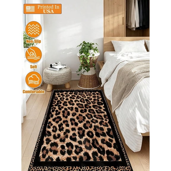 447 Black and Brown Leopard Print Runner Rug - Soft Non-Slip Long Floor Mat