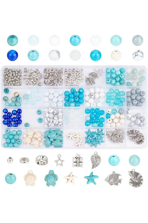 447 Pcs 28 Styles Ocean Theme Jewelry Making Kit Glass Beads Natural Stone Beads Brass Spacer Beads Turtle Starfish Shell Alloy Enamel Charms Pendant