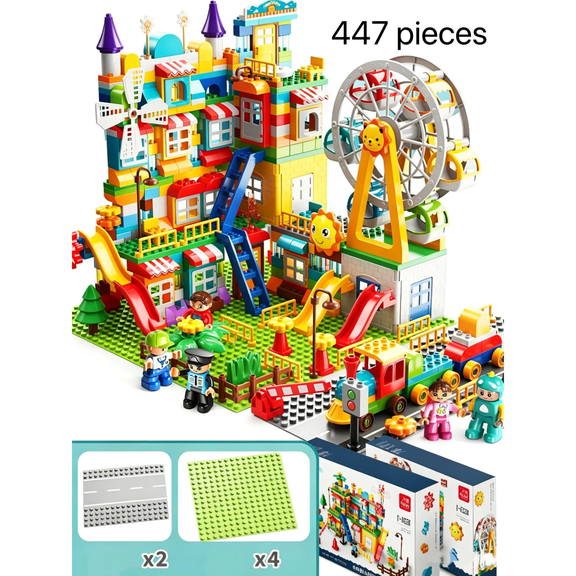 447 Pieces Large Building Blocks with 4 Large Baseplates & 2 Road Baseplates, STEM Educational Toy for Kids Ages 4-8, Castle & House Construction Set