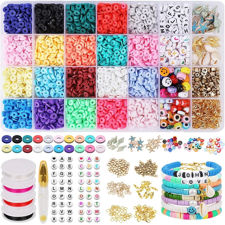 6000 pcs Clay Beads for Bracelets Making, Clay Heishi Beads Jewelry Making  Kit with Glass Seed Beads Spacer Smiley Face Beads Letter Beads, Elastic