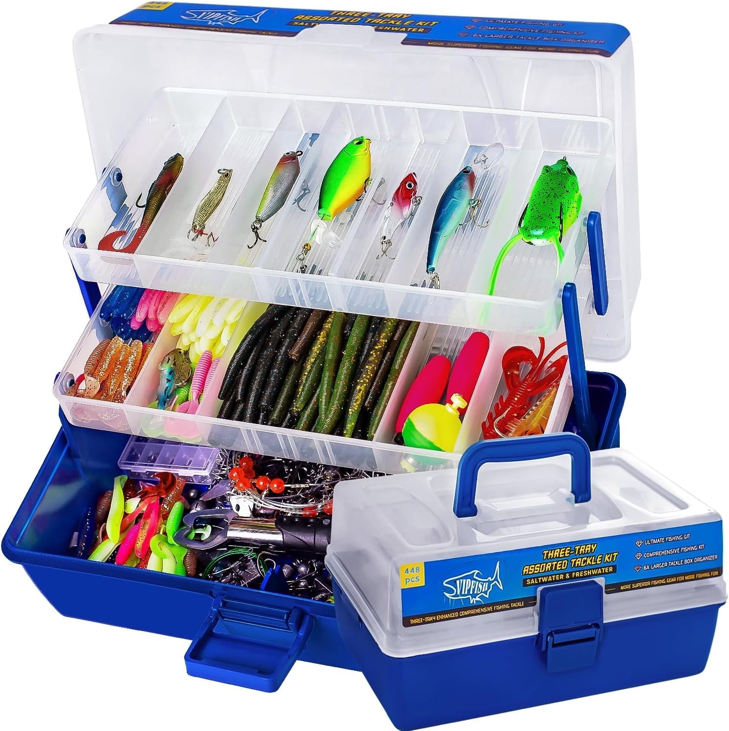 448-Pcs Fishing Lures Kit  Complete 3-Layer Tackle Box Set with Hooks, Weights, Bobbers, Pliers, Rigs, Leaders, Fluorocarbon Line, Accessories & More for Fishing Gear
