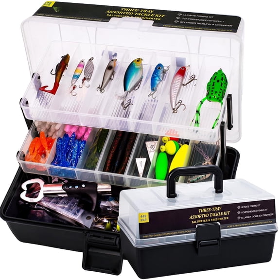 448-pcs Fishing Lures Kit - Complete 3-layer Tackle Box Set With Hooks  Weights Bobbers Pliers Rigs Leaders Fluorocarbon Line Accessories & More For Gear (black)
