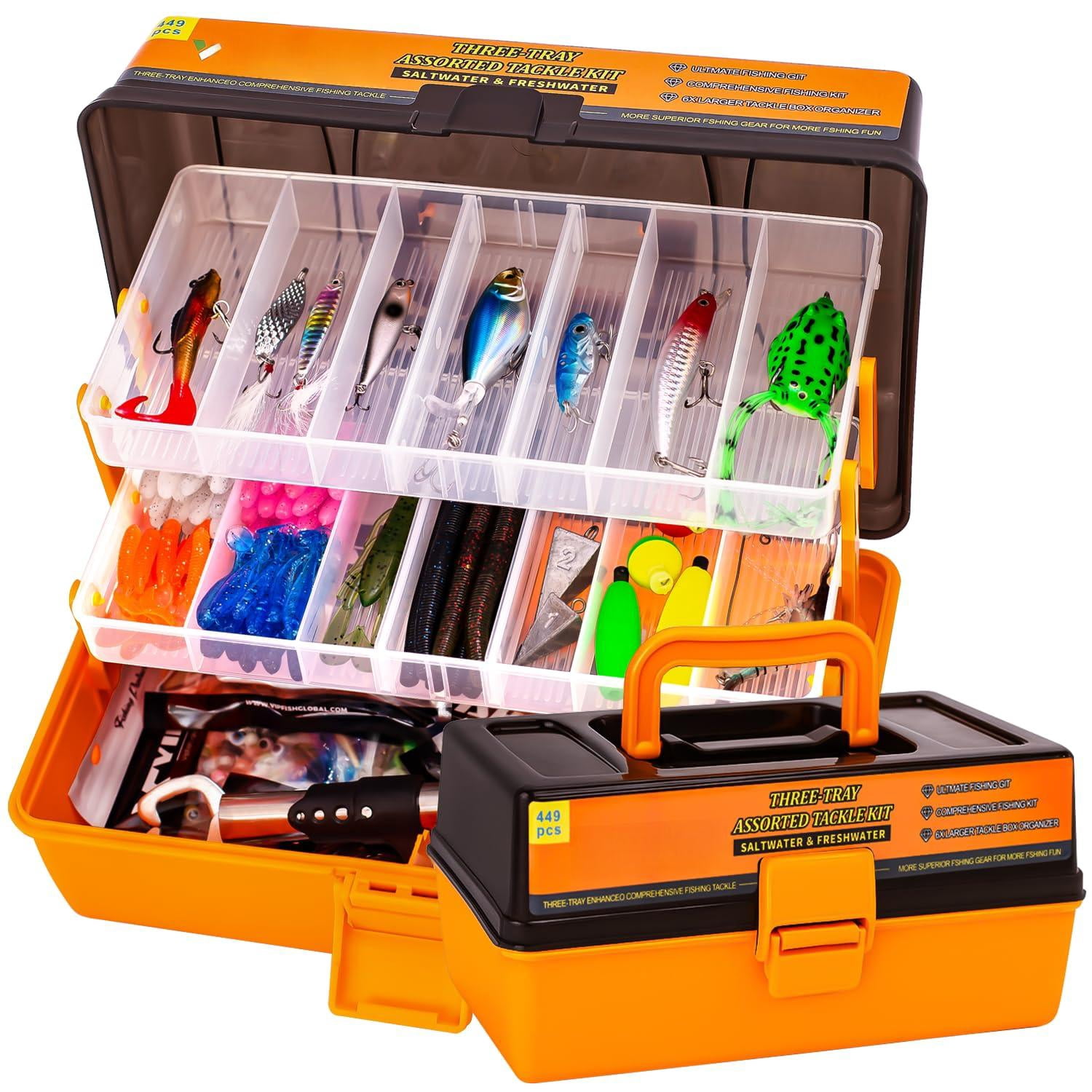 448-pcs Fishing Lures Kit - Complete 3-layer Tackle Box Set With Hooks  Weights Bobbers Pliers Rigs Leaders Fluorocarbon Line Accessories & More For Gear (orange)