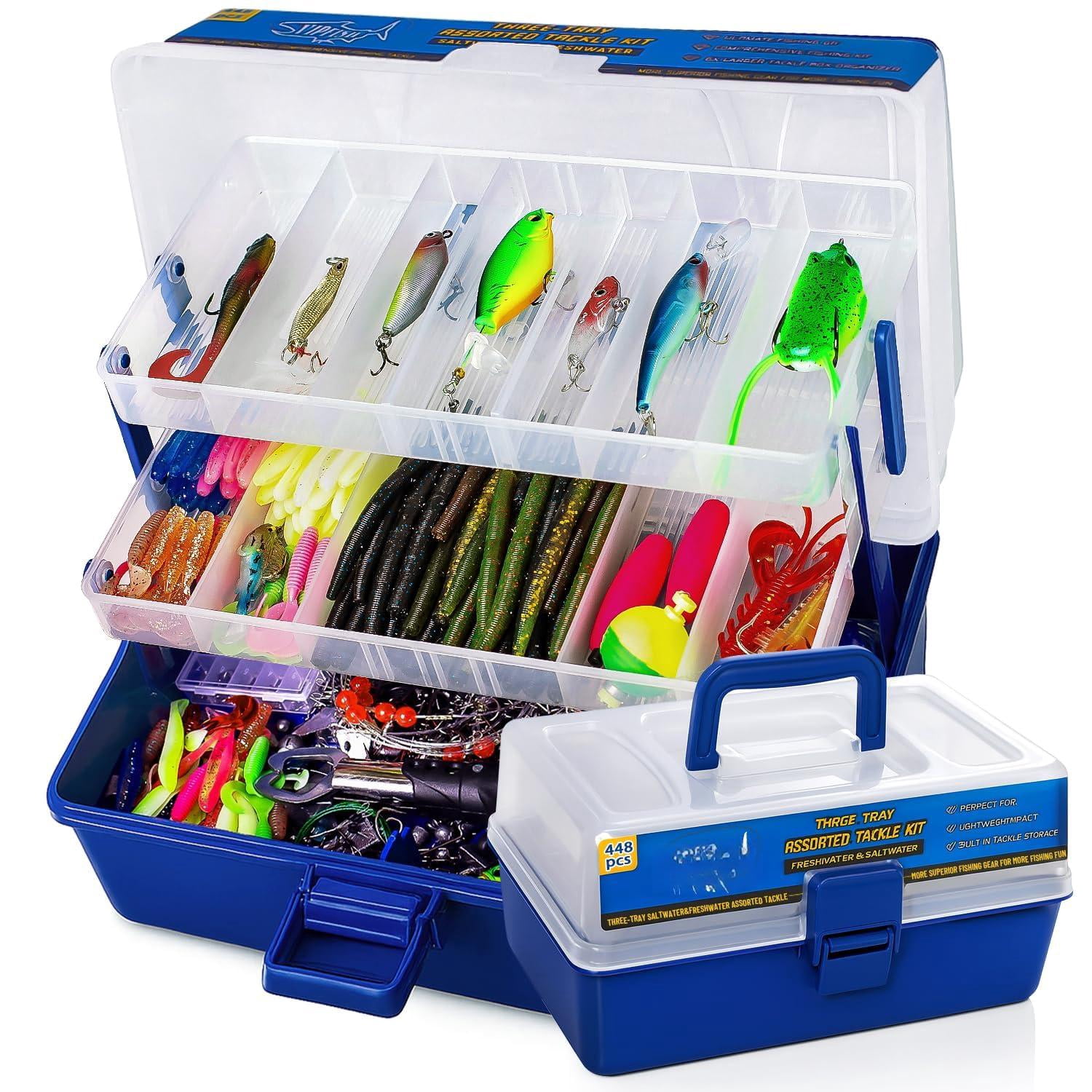 448-pcs Fishing Lures Kit - Complete 3-layer Tackle Box Set With Hooks  Weights Bobbers Pliers Rigs Leaders Fluorocarbon Line Accessories & More For Gear